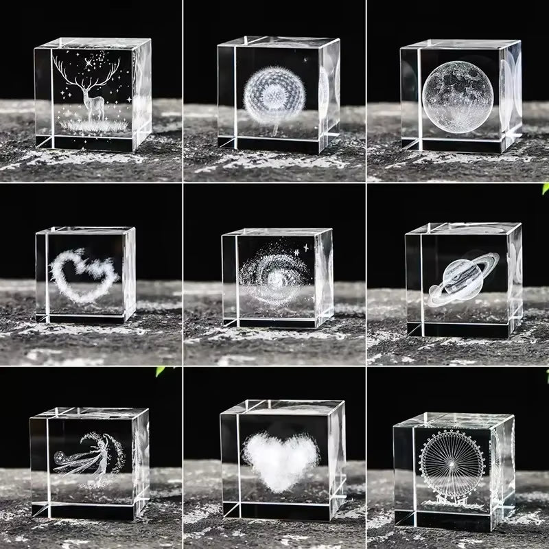 2.4 Inch Crystal Cube 3D Laser Crystal Paperweight Moon Solar System Clouds Cubic Heart Shaped Desktop Creative Gift Ornaments