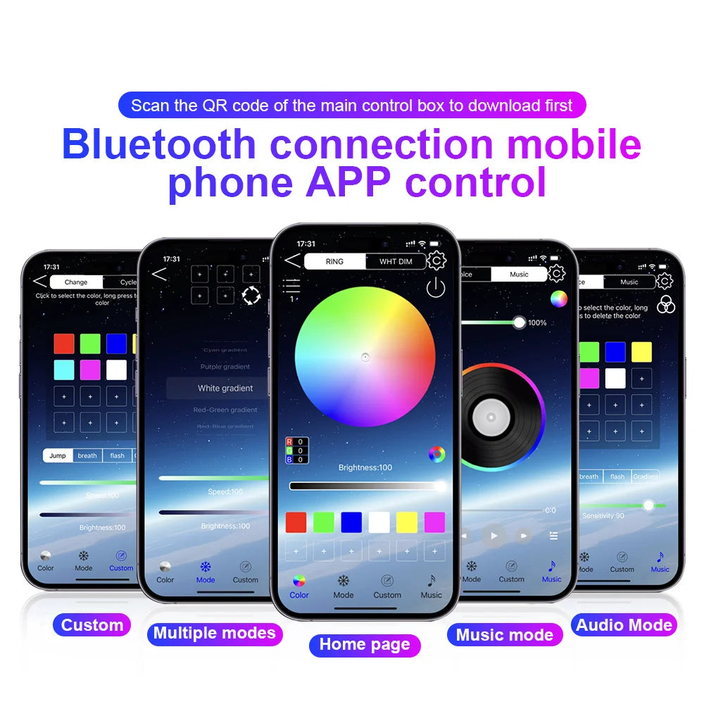 LamKomplette LED Auto-Innenbeleuchtung mit 64 Farben, Musik-Sync, App-Steuerung & Acryl-Strips. Stylisches Upgrade für dein Auto. Jetzt kaufen & Ambiente genießen!