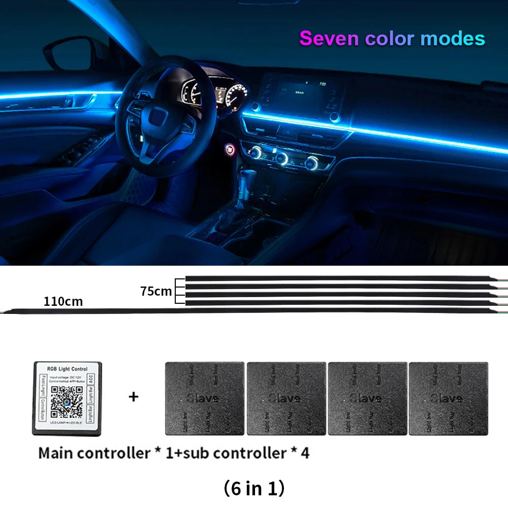 LamKomplette LED Auto-Innenbeleuchtung mit 64 Farben, Musik-Sync, App-Steuerung & Acryl-Strips. Stylisches Upgrade für dein Auto. Jetzt kaufen & Ambiente genießen!
