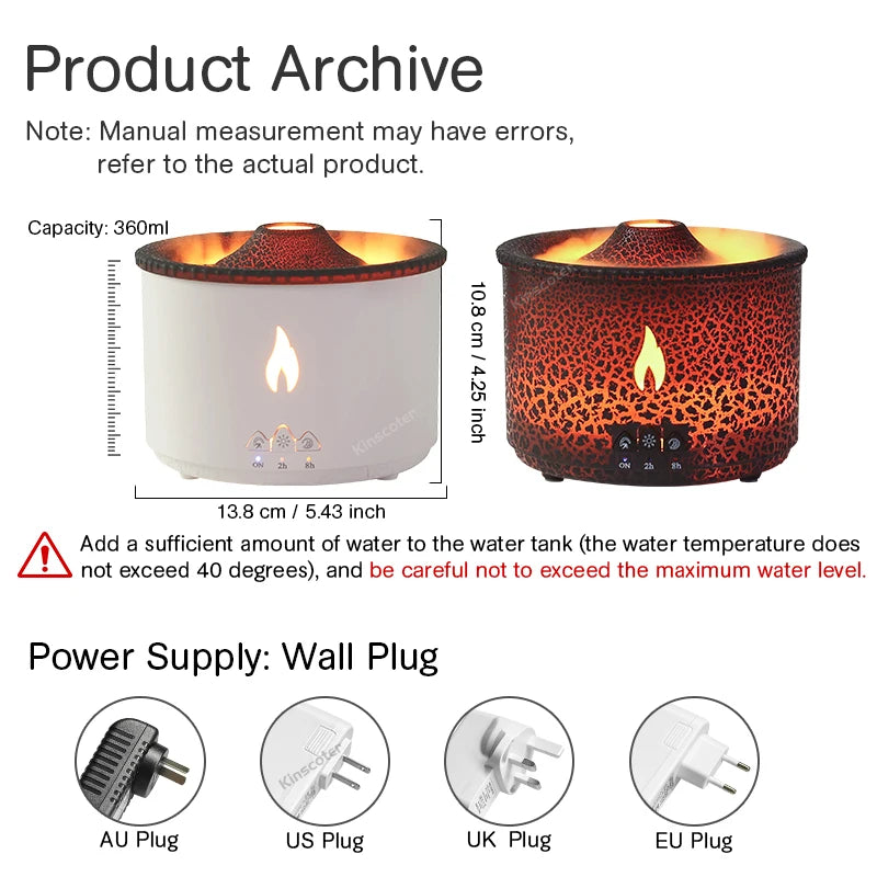 KINSCOTER Vulkan Flame Aroma Diffuser – 360 ml Luftbefeuchter mit Jellyfish Smoke Ring Effekt, LED-Flammenlicht & Aromatherapie, Geschenkidee mit Stil