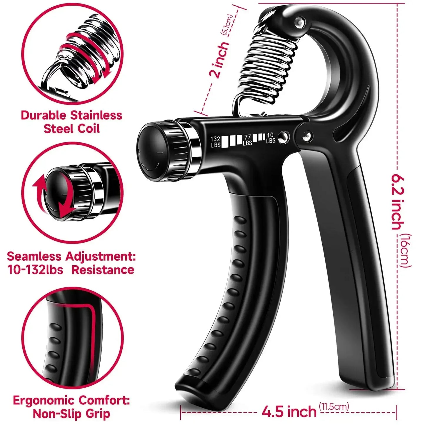 5–60 kg Verstellbarer Handtrainer mit Fingertrainer – Grip Strength Trainer für Muskelaufbau, Rehabilitation & Handkrafttraining