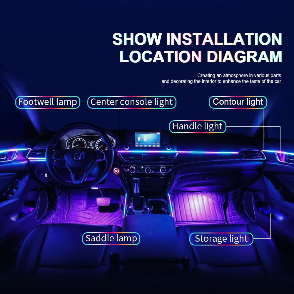 LamKomplette LED Auto-Innenbeleuchtung mit 64 Farben, Musik-Sync, App-Steuerung & Acryl-Strips. Stylisches Upgrade für dein Auto. Jetzt kaufen & Ambiente genießen!