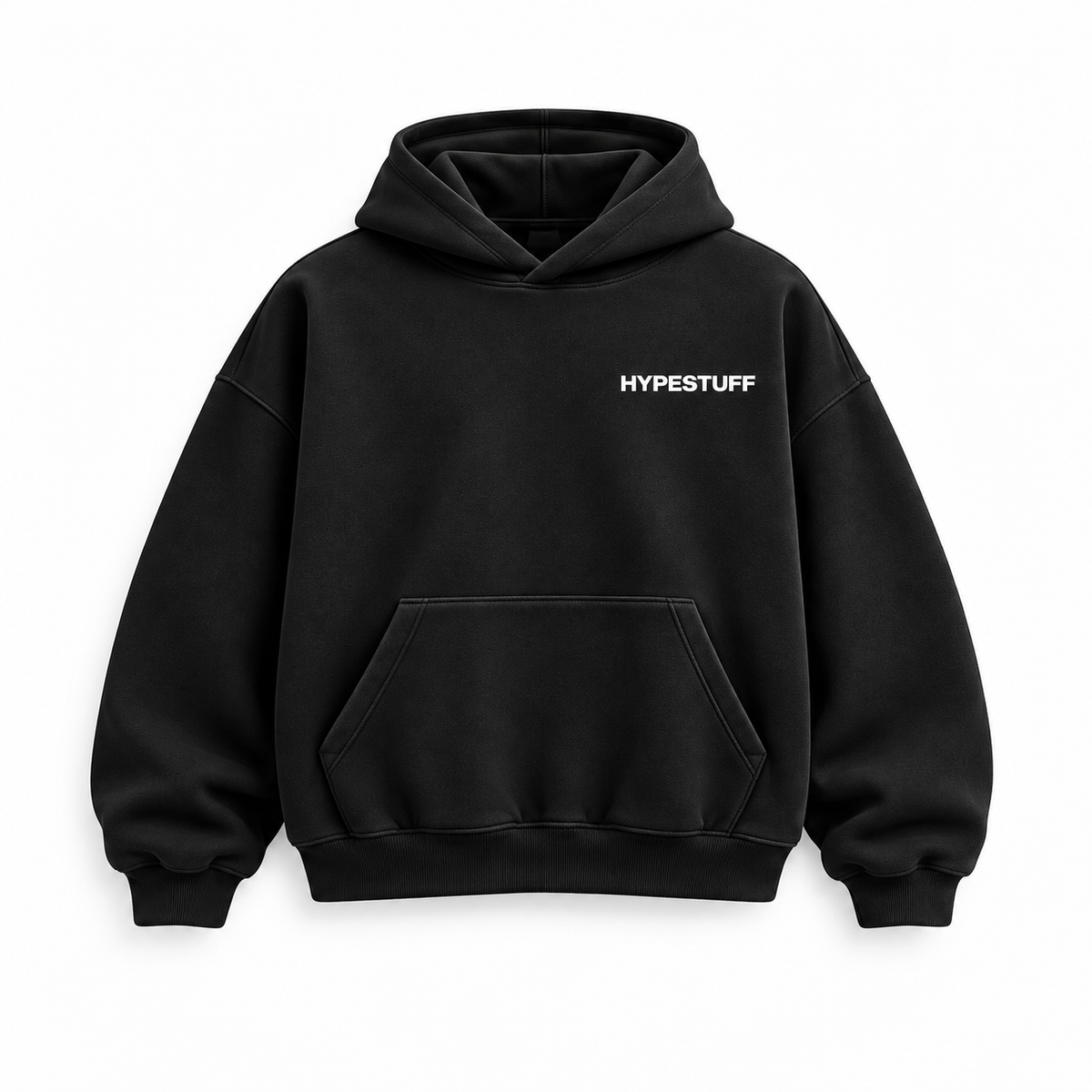 HYPESTUFF Winter26 Oversized Hoodie Schwarz – Vorderansicht. Designvisualisierung.