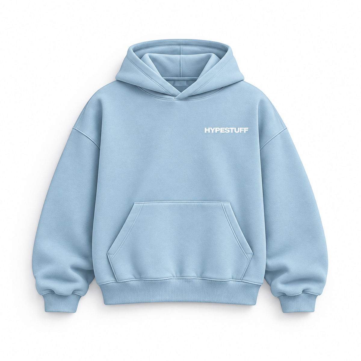 HYPESTUFF Winter26 Oversized Hoodie Eisblau – Vorderansicht. Designvisualisierung.