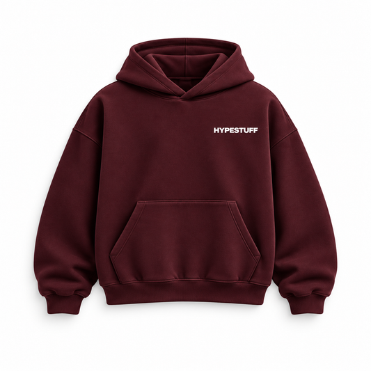 HYPESTUFF Winter26 Oversized Hoodie Bordeaux – Vorderansicht. Designvisualisierung.