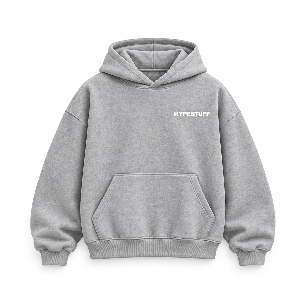 HYPESTUFF Winter26 Oversized Hoodie Jogginggrau – Vorderansicht. Designvisualisierung.