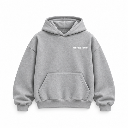HYPESTUFF Winter26 Oversized Hoodie Jogginggrau – Vorderansicht. Designvisualisierung.