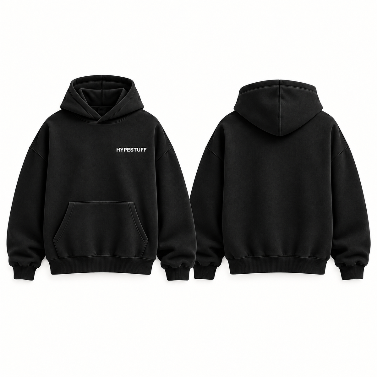 HYPESTUFF Winter26 Hoodie Schwarz – vorne und hinten, Rücken ohne großes Logo. Designvisualisierung.